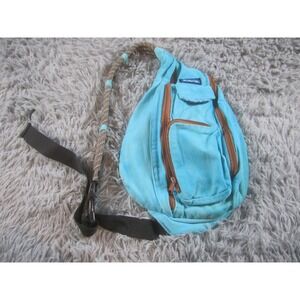 KAVU Rope Bag Sling Crossbody‎ Backpack Canvas Aqua Blue Brown Zippers